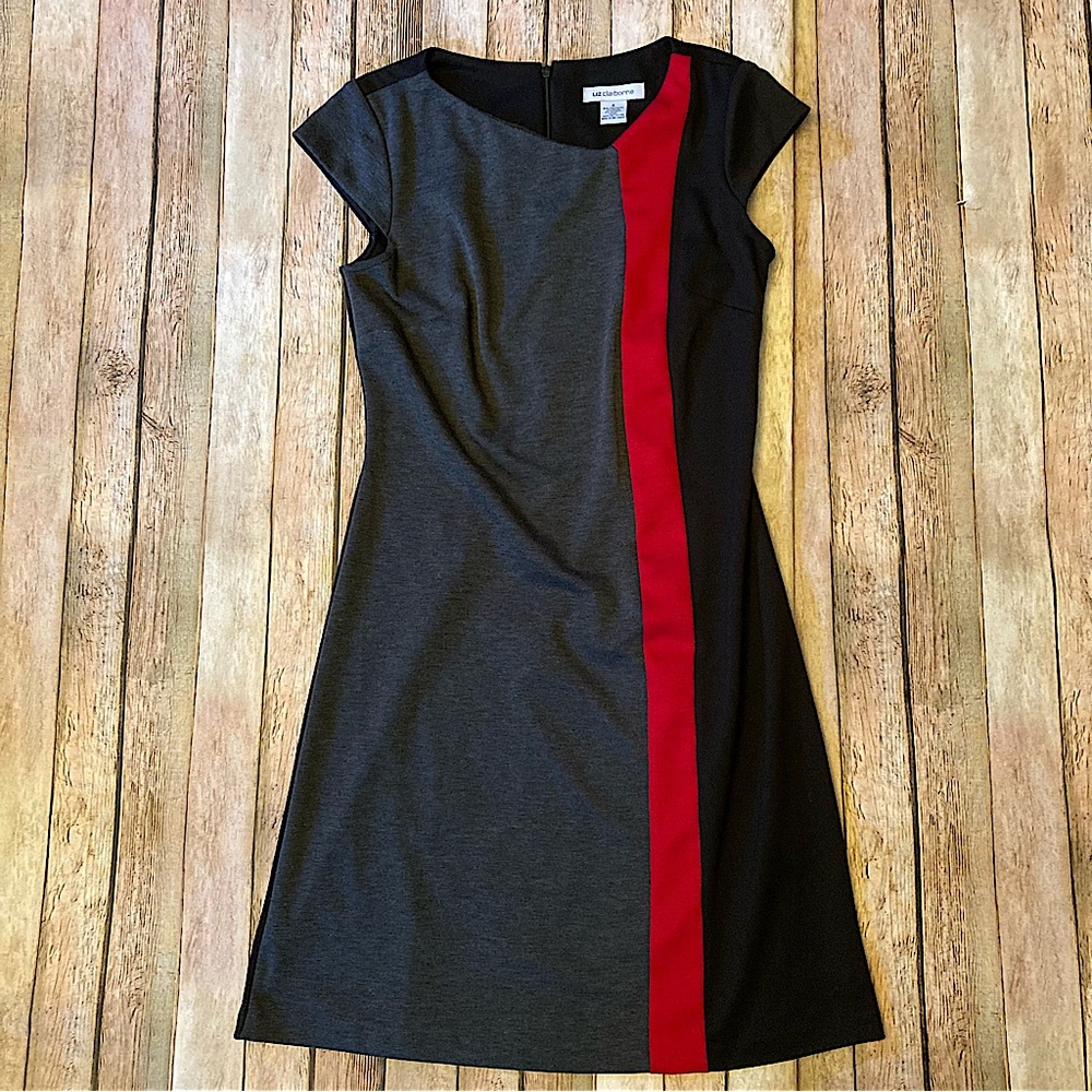 Liz Claiborne Women’s Career Black Gray Red Sheath Dress Size 4 Cap Sleeve Zip
